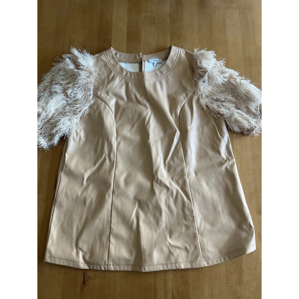Voy Women's Short Sleeve Shirt Fringe Peach Beige Sz S Blouse Top Workwear
